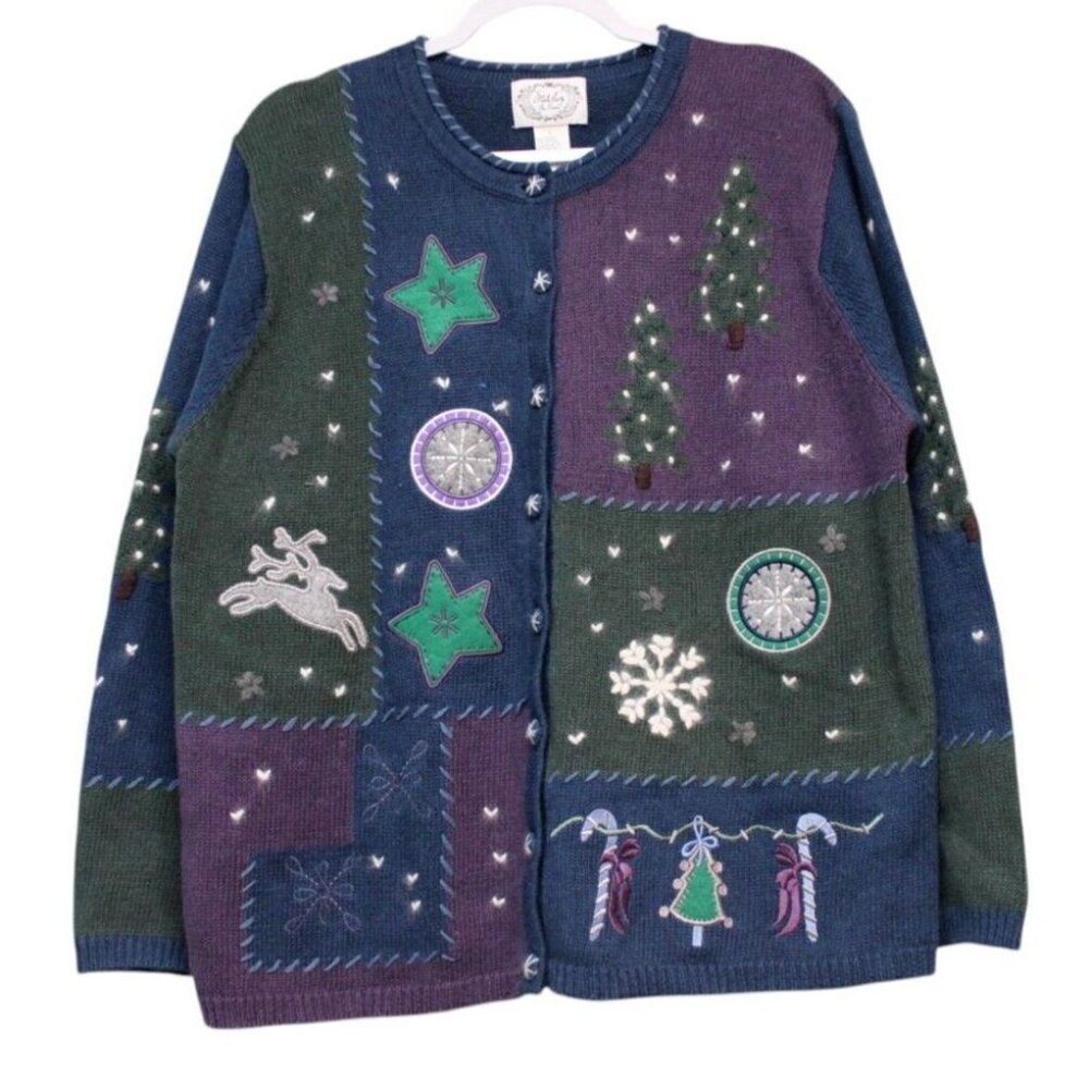 Vintage 90s Holiday Cardigan Sweater Large Ramie Colorblock Embroidered Winter